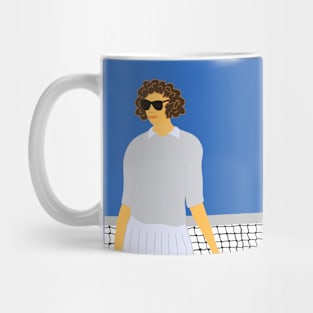 Illustration of a brown curly hair tennis player standing at the net Mug